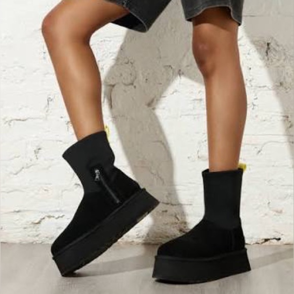 UGG Black Platform Winter Boots with Yellow Heel Tab